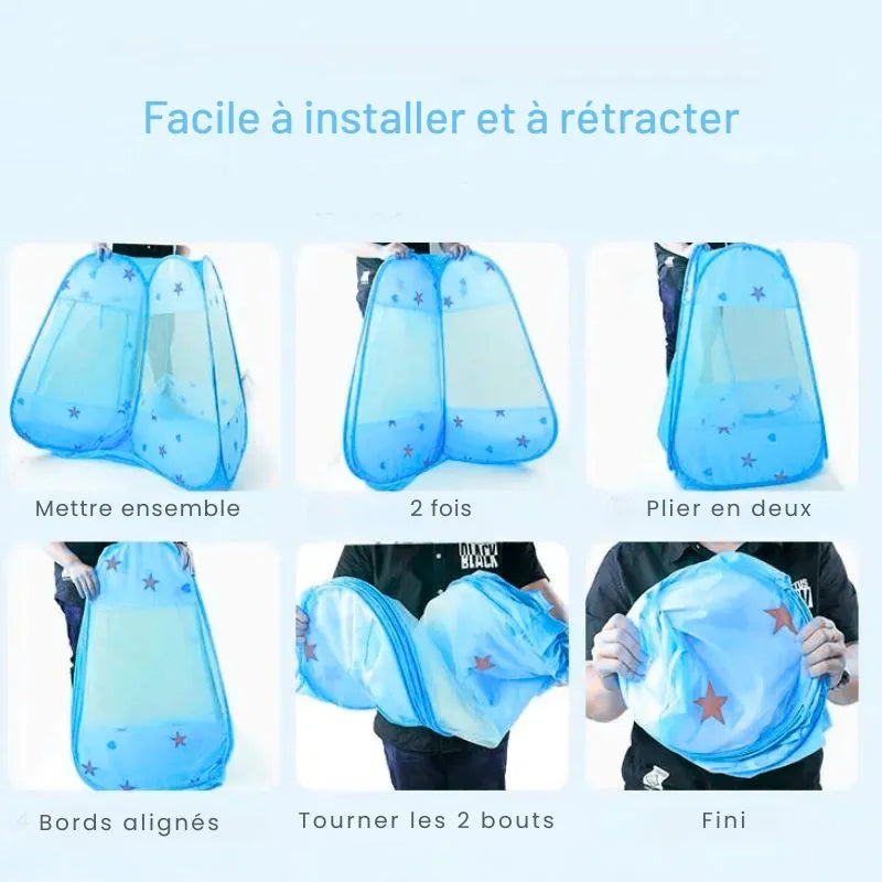 Tente de jeu enfant bleu avec motifs étoiles, stimulant l'imagination des petits garçons et filles.