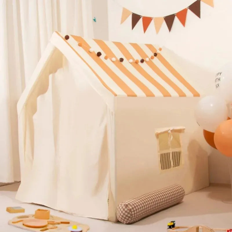 Tente Maison de Jeu pour Enfant Beige & Blanc Avec Fenêtres