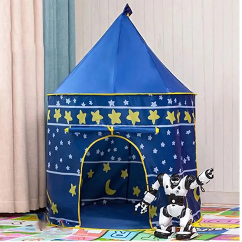 Tente pliante enfant bleue avec motifs étoile et lune, créant une ambiance féérique pour des rêves étoilés.