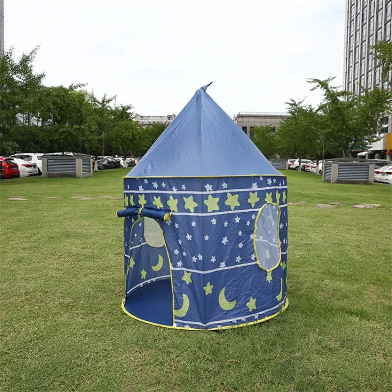 Tente pliante enfant motif étoile et lune bleue, parfaite pour un coin lecture magique et une ambiance douce.