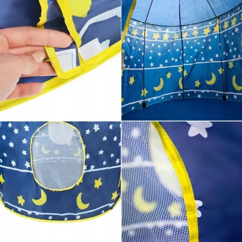 Tente de jeu pliante bleue, ornée d'étoiles et de lunes, idéale pour une atmosphère féérique et apaisante.