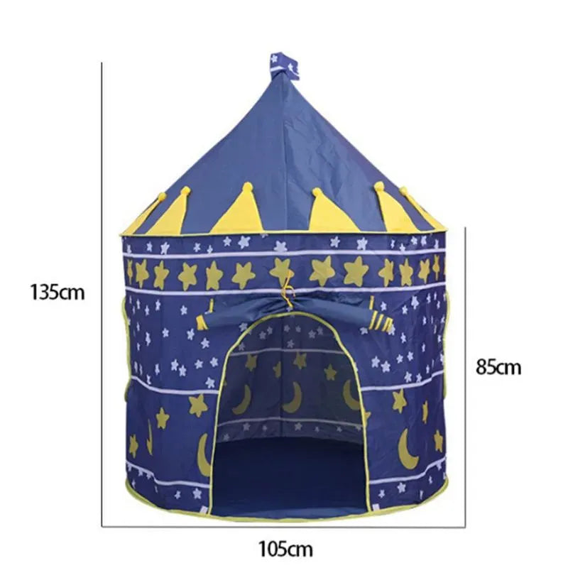 Tente de jeu pliante enfant bleue, décorée d'étoiles et de lunes, invitant à des aventures nocturnes imaginaires.