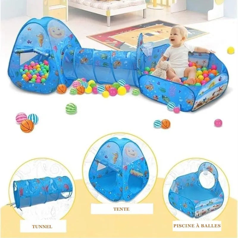 Tente de Jeu Enfant 3-en-1 avec Tunnel et Piscine à Balles Océan Bleu