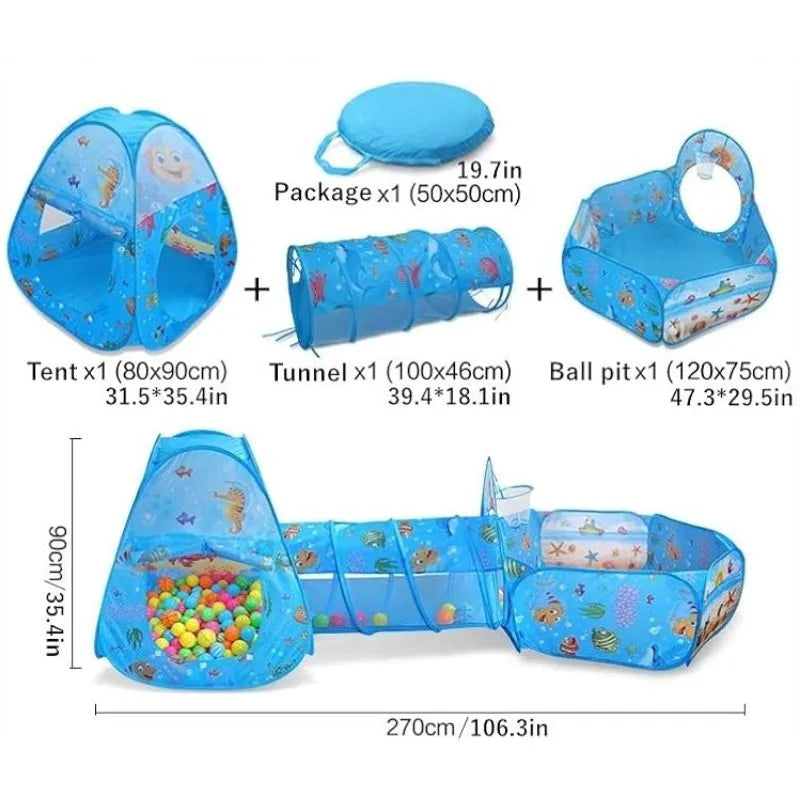 Tente de Jeu Enfant 3-en-1 avec Tunnel et Piscine à Balles Océan Bleu
