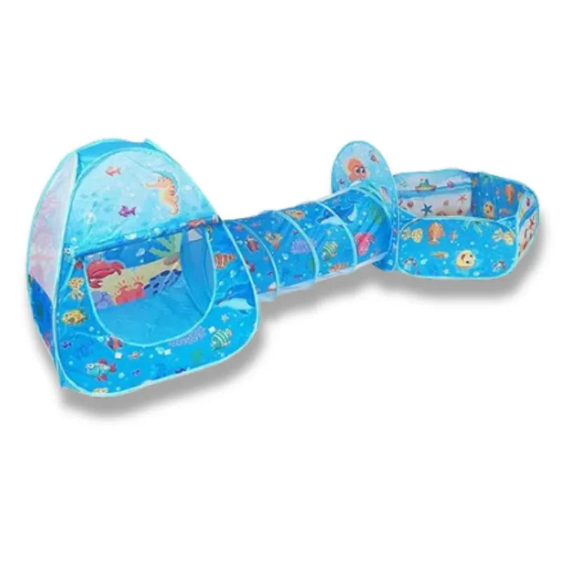 Enfant joue dans une tente tunnel bleu pop-up, espace motricité et aventure