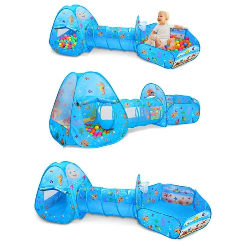 Tente de Jeu Enfant 3-en-1 avec Tunnel et Piscine à Balles Océan Bleu