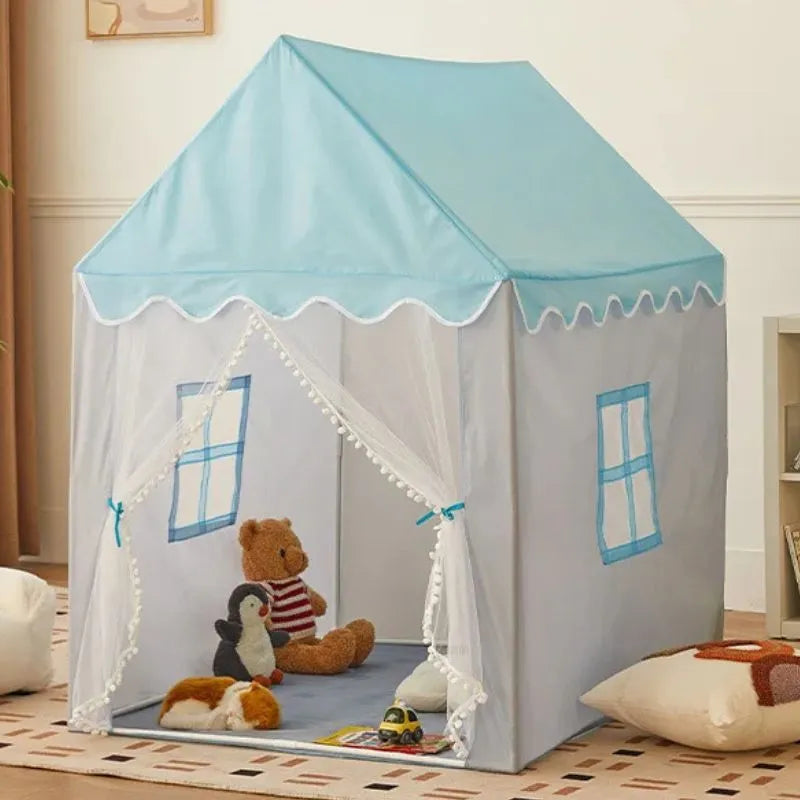 Tente de jeux pour enfant bleu et gris, idéale pour les garçons et les filles.
