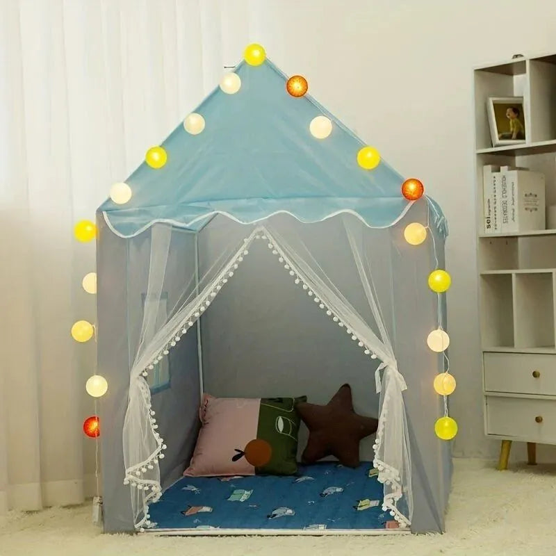 Tente de jeux pour enfant bleu et gris, un coin lecture et d'aventure design.