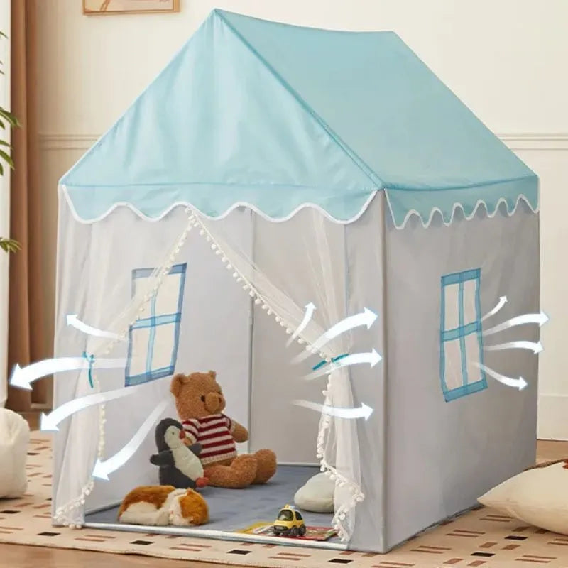Tente de jeux enfant bleu et gris avec tapis de sol, offrant un confort optimal.