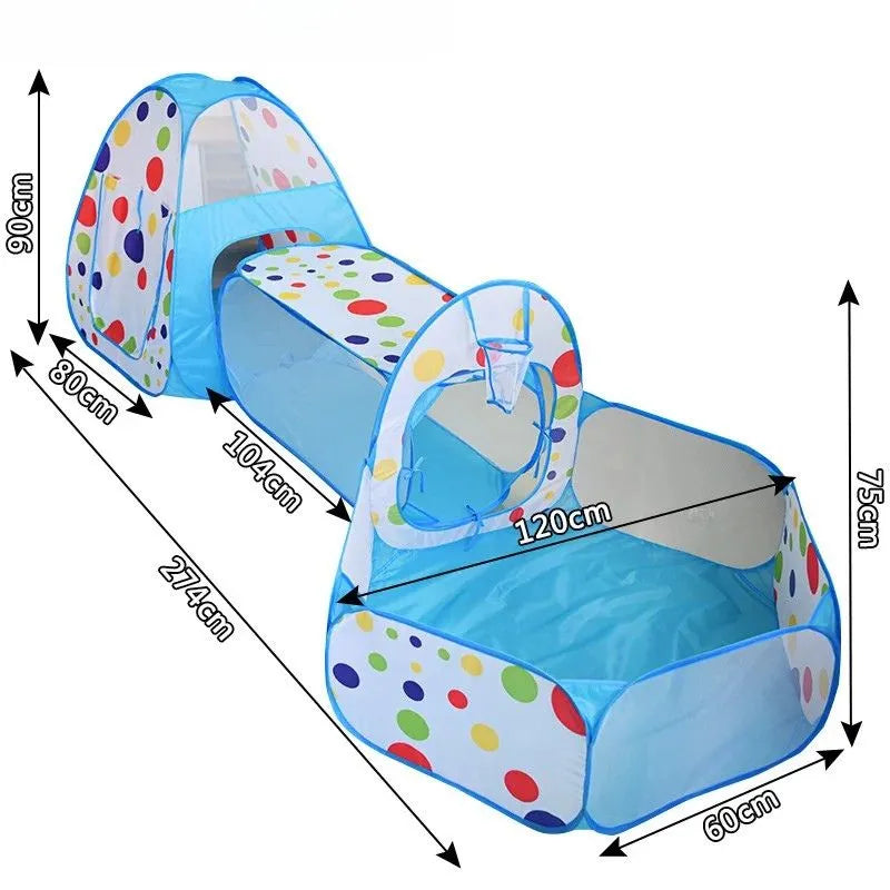 Tente et tunnel de jeu bleu pour enfant, stimulant l'exploration et la motricité.