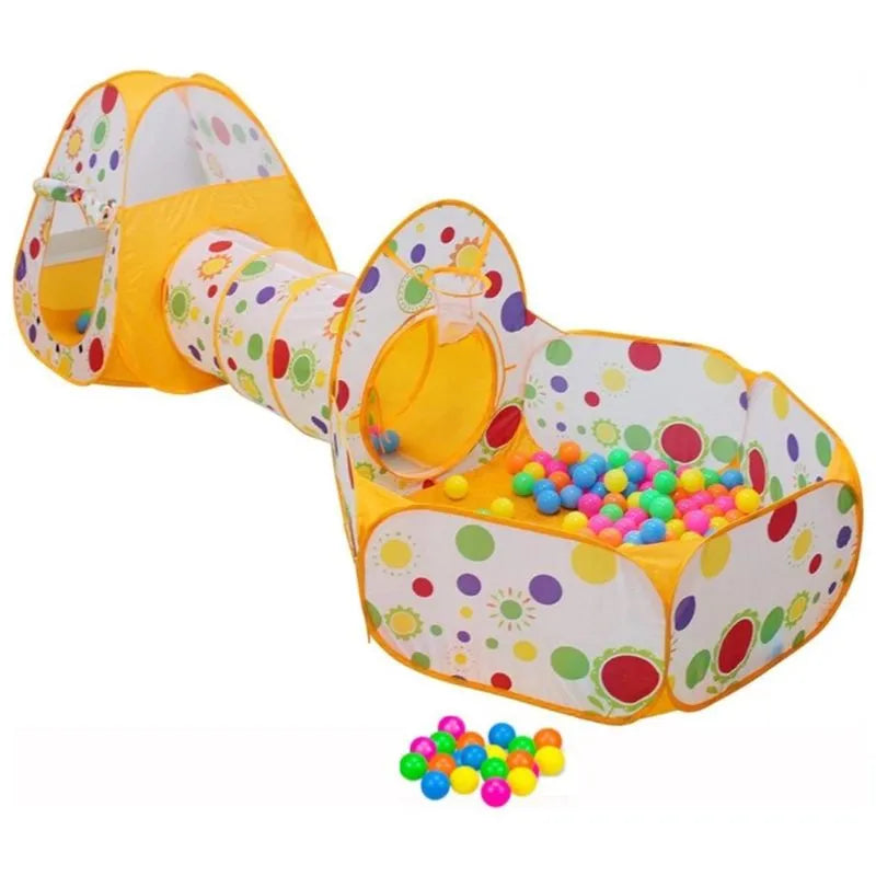 Tente et tunnel bébé jaune avec fenêtre en filet, pour une bonne ventilation et surveillance.