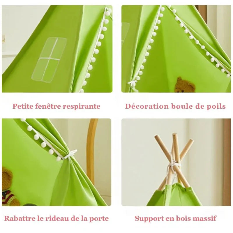 Tipi enfant intérieur vert avec pompons, offrant un espace doux et confortable pour jouer.