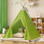 Tipi enfant intérieur vert avec pompons, un cadeau idéal pour stimuler la créativité et le jeu.