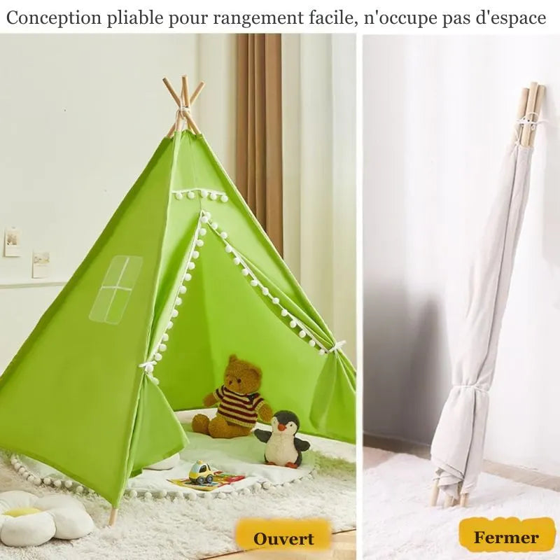 Tipi enfant intérieur vert pliable et facile à installer, avec de jolis pompons.
