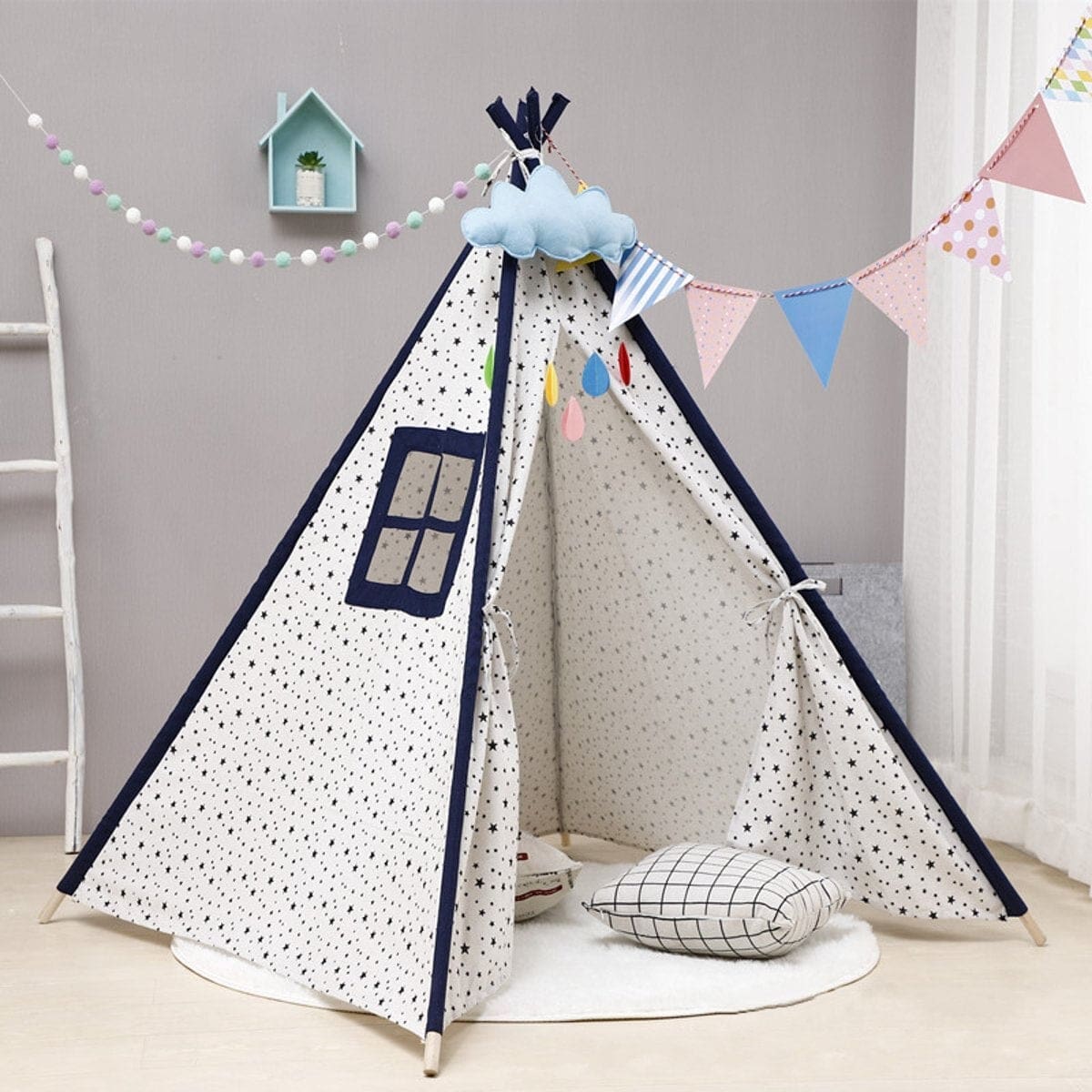Tipi Enfant Intérieur Motif Étoiles en Coton & Bois 160cm
