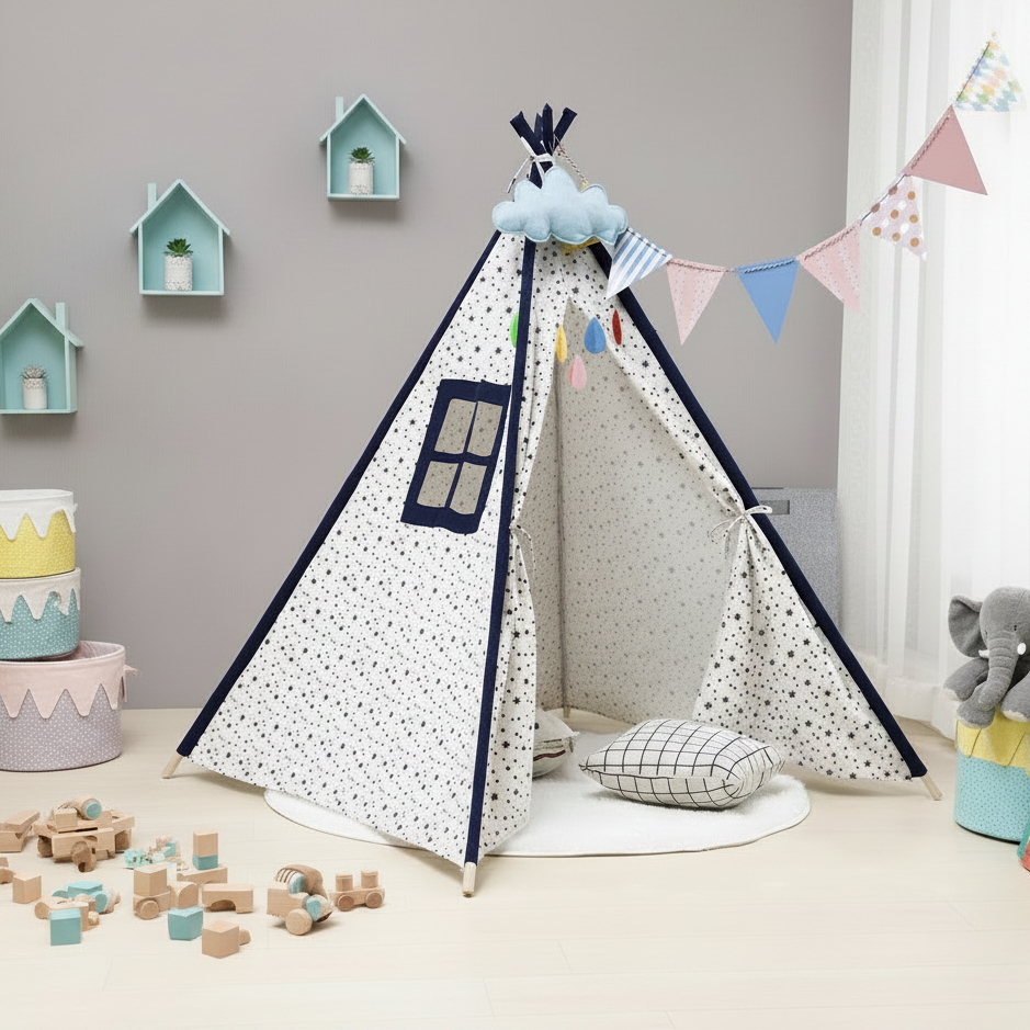 Tipi Enfant Intérieur Motif Étoiles en Coton & Bois 160cm