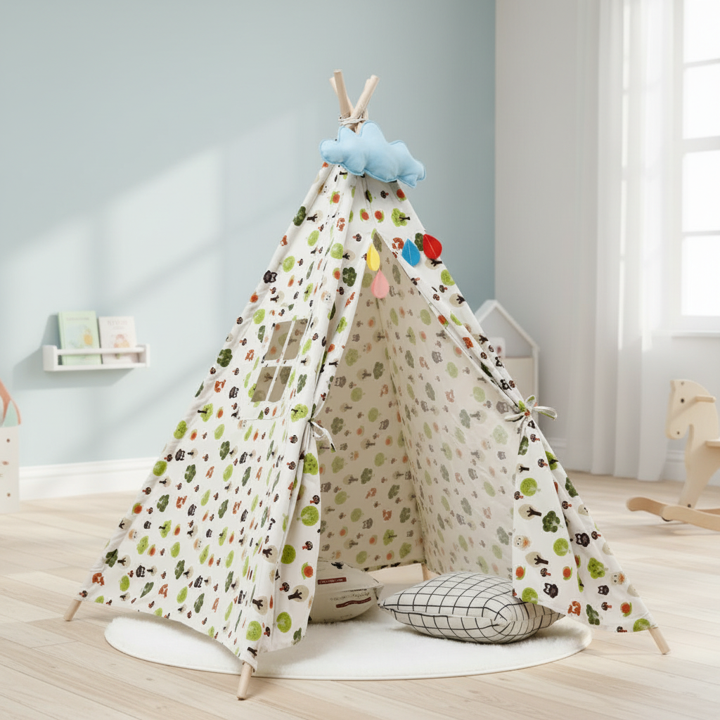 Tipi Enfant Motif Forêt en Coton et Bois pour Chambre 160cm