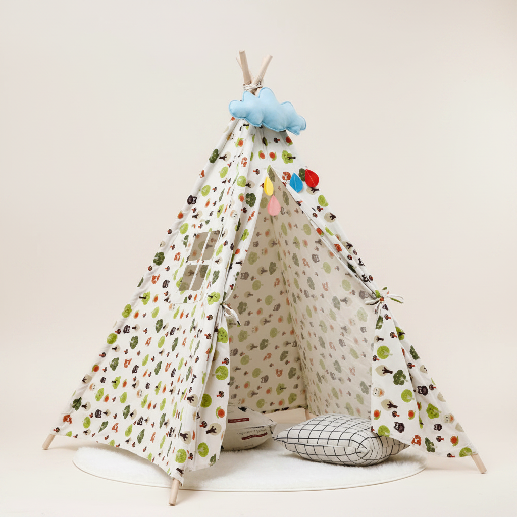 Tipi Enfant Motif Forêt en Coton et Bois pour Chambre 160cm